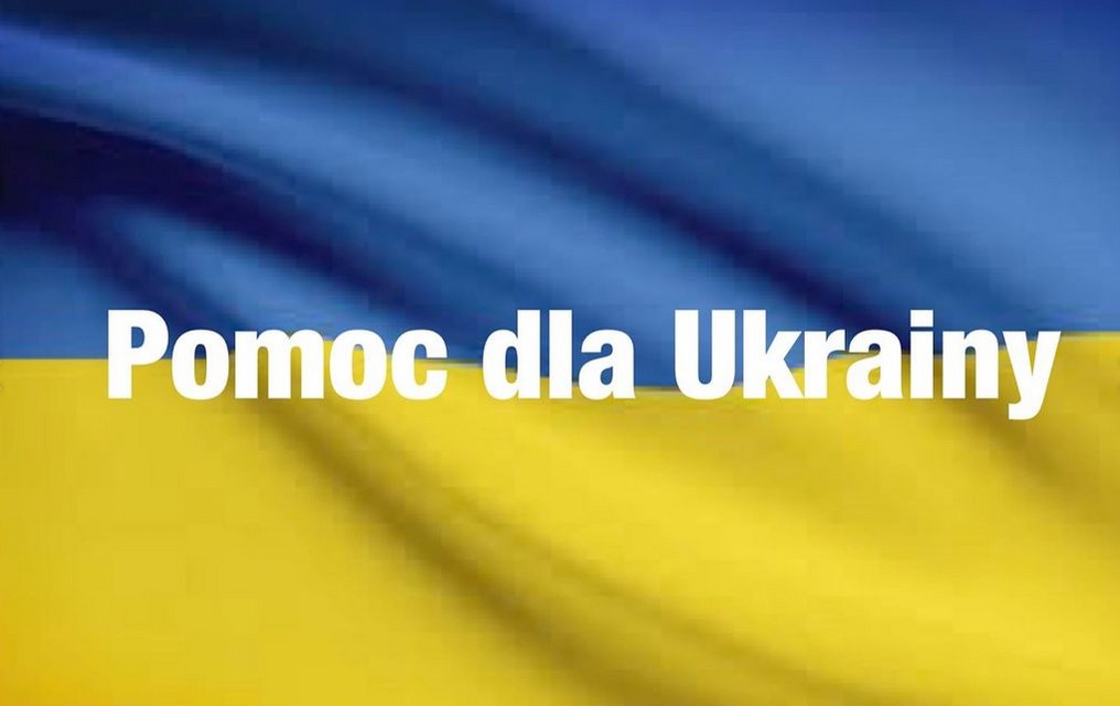 Flaga Ukrainy z napisem Pomoc dla Ukrainy - kliknięcie spowoduje otwarcie nowego okna